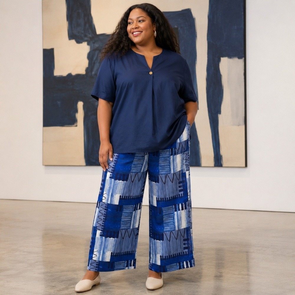 Plus Size 4XL Blue Abstract Print Wide Leg Pants & Blouse Set 2pc Navy Geometric